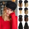Qlenkay Newsboy Cap with Bob Hair Extensions Black Hat Wig 8 Panel Visor Beret Attached Synthetic 14'' Short Curly Wavy Hairpiece for Woman Ash Blonde Mix Bleach Blonde