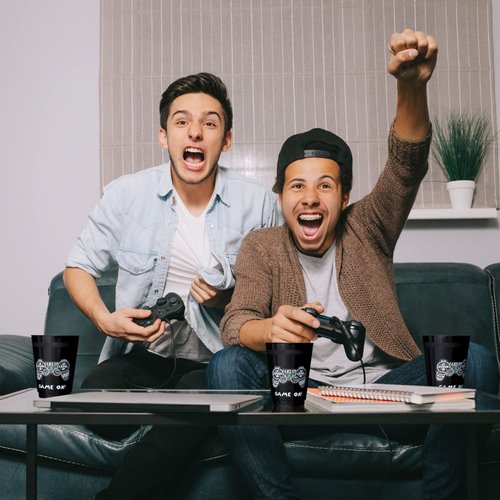 BLUE PANDA 16 Pack Plastic Video Game Cups for Kids - Gaming Party Favors for Birthday Party Supplies (16 oz) - Set of 16 Kid Game Cups - Game Party Cups - Gamer Party Favor Cups