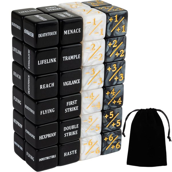 48 Pieces Abilities Keywords Counter Dice Black MTG Dice Counters Bulk Creature Stats Buff Tokens Dice Set for Magic The Gathering, MTG, TCG, Card Games Accessories