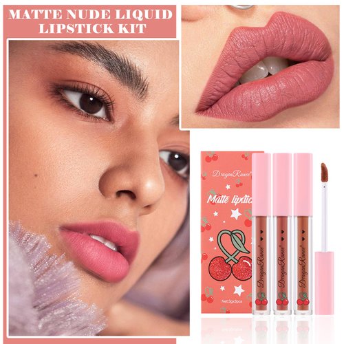 ZHISHUDL 3PCS Matte Nude Lipstick Set Liquid Lipstick Lip Gloss Set,Matte Velvety Lip Stick High Pigmented Lip Tint Lip Stain Set for Daily Makeups - Set C