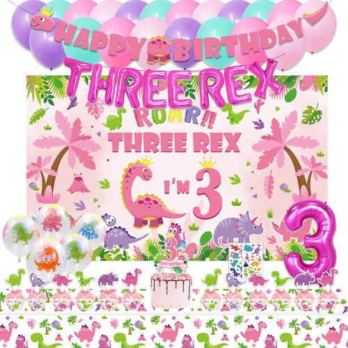 KOTLMIGHT Dinosaur Birthday Party Supplies for 3 Year Old Girl, Three Dino Rex Pink Dinosaur Party Decorations for Girls Baby - Backdrop, Banner, Toppers, Cupcakes Wrappers, Balloons and Tablecloth
