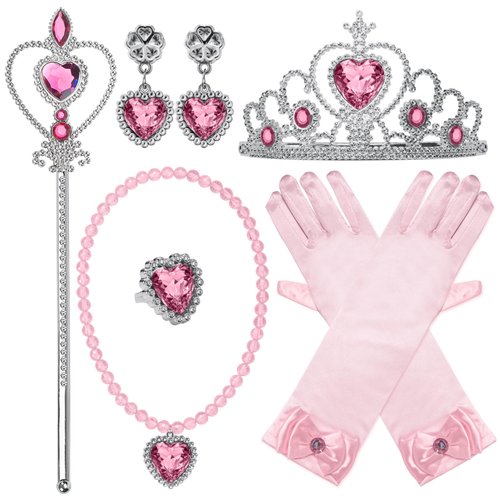 GHGMAO Princess Dress Up Accessories for Princess Costume Gloves Tiara Crown Wand Necklace Earrings and Ring for Kids Party Cosplay Set, 8PCS (Pink)