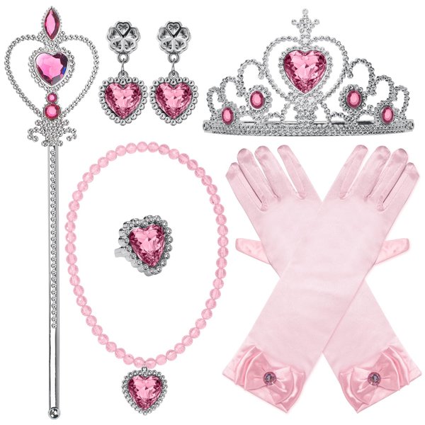 GHGMAO Princess Dress Up Accessories for Princess Costume Gloves Tiara Crown Wand Necklace Earrings and Ring for Kids Party Cosplay Set, 8PCS (Pink)
