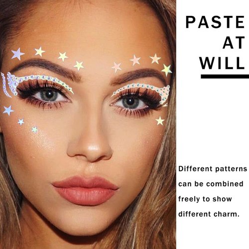 Uranian Holographic Face Stickers Eyeliner Stickers for Eyes Eyeshadow Tattoo Stickers for Women Rhinestones Eyelid Tape Stars Stickers for Festival Party Halloween Club