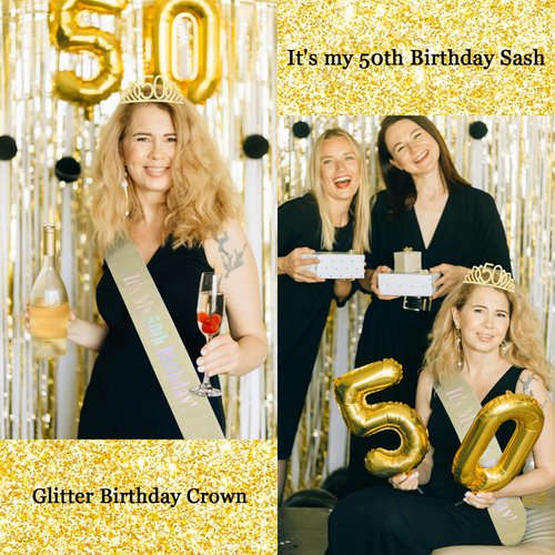 CURASA Birthday Sash and Crown for Women 50th Birthday Sash Gold Birthday Crown Adult Women Rhinestone Birthday Tiara Gold Its My 50th Birthday Sash Birthday Decoration for Party Gifts