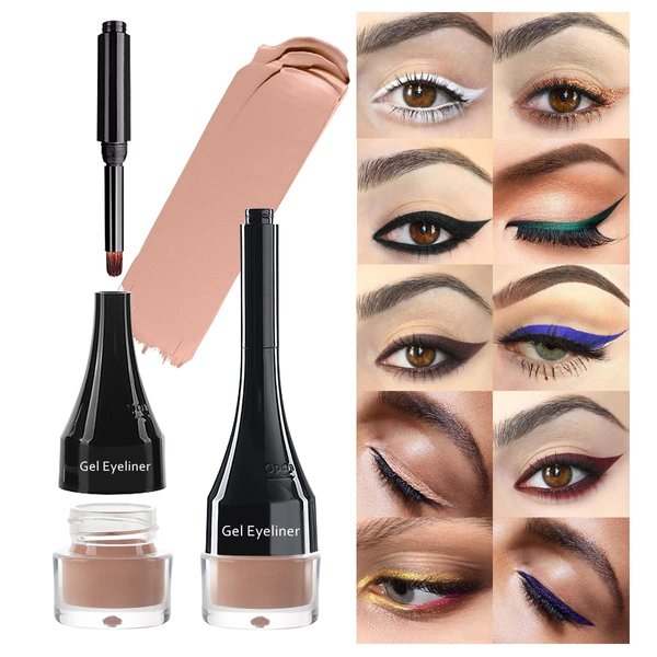 LSxia 2-in-1 Gel Eyeliner Set, Tattoo Eyeliner Waterproof Smudge Proof Eyeliner Gel Eye-liner Pot Cream Eyeliner Tool with Gel Liner Brush, High Pigment Eye Makeup Gel Eye-liners for Women (Nude)
