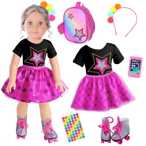 18 Inch Girl Doll Clothes and Accessories, Including Dress, Bag, Skating Shoes, Headband, Mobile Phone, Fit 18 inch Doll (Not Include Doll)