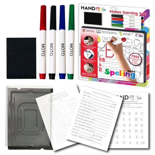 Spelling & Writing Activity Set – Montessori Learning Fun for Kids Ages 3+ – Includes 10 Reusable Tracing Sheets, Dry Erase Board, 4Markers & 1Eraser – Screen-Free Educational Gift