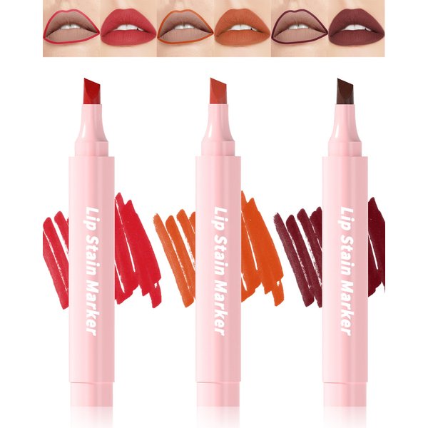 Lip Liner Stain Marker Pen-3Pcs Pink Red Brown Purple Lip Stain Tint,Longlasting Waterproof Quick Dry Lipstick Lipcolor,Precise Chisel Tip Smooth Lipstain Pencil,Lip Makeup Gift Kit for Women-Set A