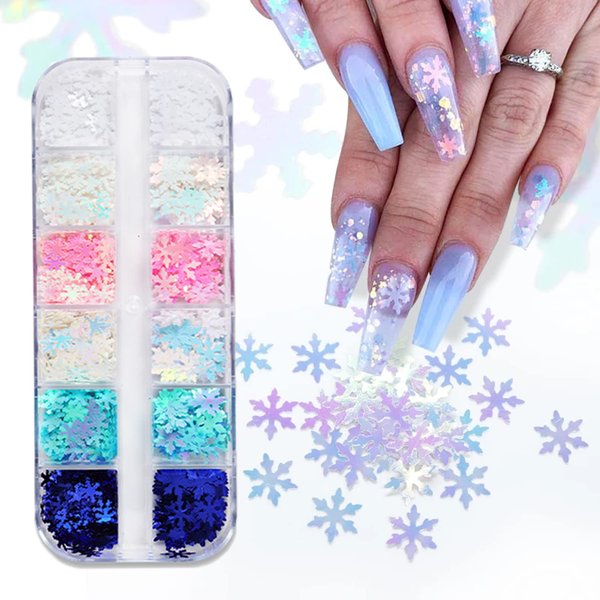 12 Grids 3D Snowflake Nail Art Sequins Winter Christmas Nail Glitter Flakes Laser Nail Sequins Holographic Glitter Designs Snowflake Nail Charms Christmas Nail Stickers for Xmas Party Nail Decorations
