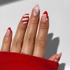 Christmas Press on Nails Medium Almond Fake Nails Snowflake False Nails with Christmas Hat Design Nude Glue on Nails Glossy Acrylic Full Cover Bowknot Stripe Stick on Nails for Women Manicure 24Pcs