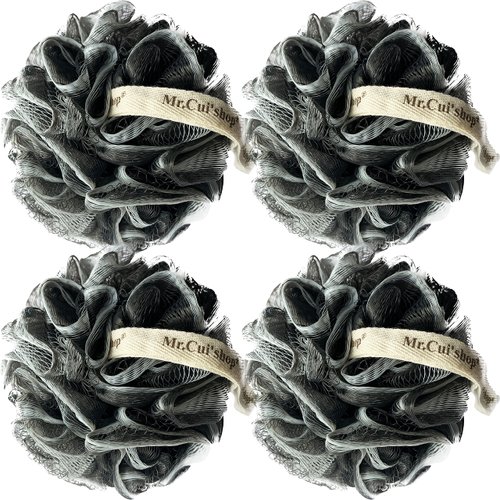 4 Pack（ XL 75G ） Charcoal Exfoliating Home Spa Loofah Shower Sponge Pouf Mesh Brush - Bath Spa Puff Scrubber Ball - Face Body Poof - Rich Foams Bubble