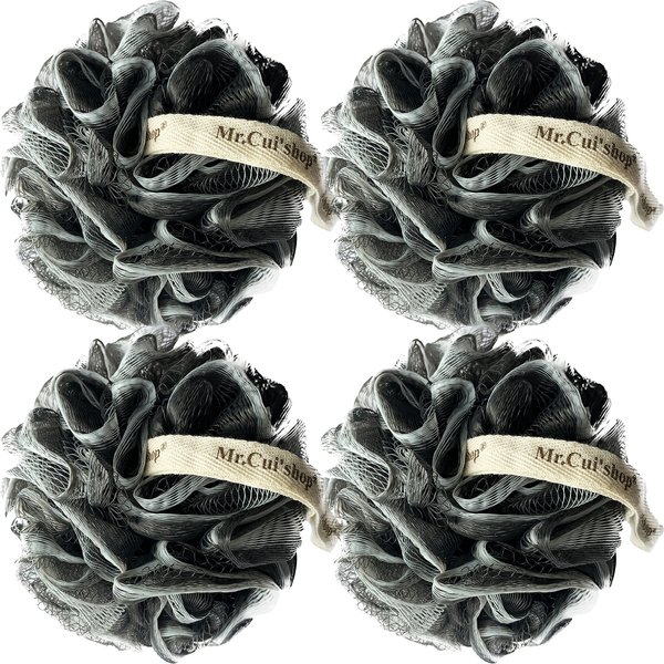 4 Pack（ XL 75G ） Charcoal Exfoliating Home Spa Loofah Shower Sponge Pouf Mesh Brush - Bath Spa Puff Scrubber Ball - Face Body Poof - Rich Foams Bubble