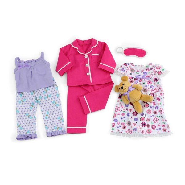 Emily Rose 18-inch Doll Clothes Cozy Pajamas PJs Sleep Set Collection, with Toy Teddy Bear - 7 PC Value Bundle | Compatible with 18" inch American Girl Dolls
