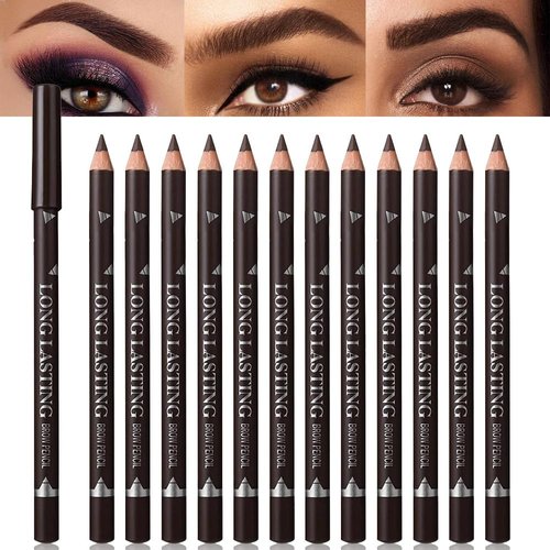 12Pcs brow pencil, wooden hard-core eyebrow pencils, eyebrow pencil dark brown, eyebrow and eyeliner pencils, waterproof and sweat-proof, beginner makeup eyebrow pencil, dark brown eyeliner pencils