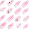 24Pcs Pink Coffin Nails Press on Nails Long Coffin Fake Nails with 3D Heart Pearl Star Nail Charms Design Nail Gems Diamond Pink Acrylic Nails Supply Full Cover False Nails Stick on Nails for Women