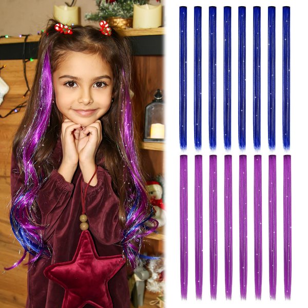 Z-CHARMMY Colored Hair Extensions with Tinsels, Clip in Tinsel Hair Extensions for Women, Glitter Tinsel Hair Extension Kit, 16 Pieces, Blue and Purple
