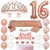 16th Birthday Sash Princess Crown Queen Tiara Rhinestone Headbands Cake Toppers Number 16 Helium Balloons Rose Gold Latex Balloon 16 Birthday Decoration for Girls 16 Year Old Birthday Party Supplies