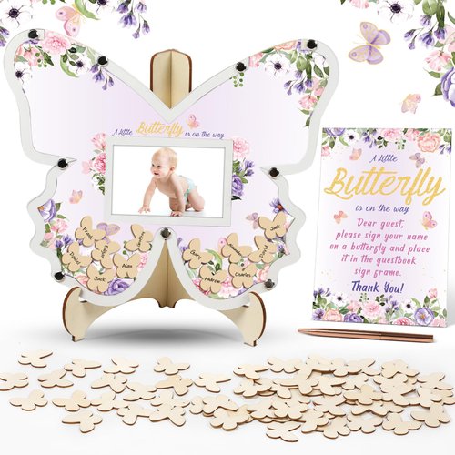 gisgfim Butterfly Baby Shower Guest Book Baby Shower Favors for 60 Guests Baby Shower Sign in Guest Book Wood Baby Shower Decors Picture Frame for Birthday Signs Reception Decorations 12Inch