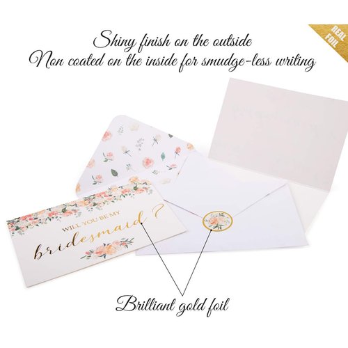 VNS Creations Bridesmaid Proposal Cards. Box set of 8 Will You Be My Bridesmaid and 2 Maid of Honor Cards. 4 x 6 Floral Cards with Gold Foil Ideal for Bridal Party or to go with Bridesmaid Gifts