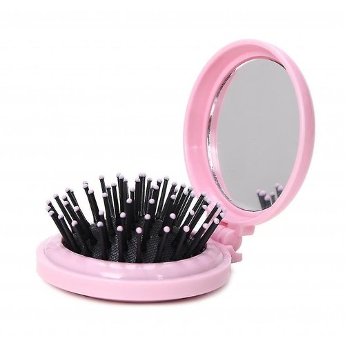 Glamza Round Folding Detangle Mini Travel Hair Brush for Women with Mirror (Euro Pink)