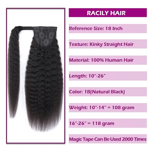 Kinky Straight Ponytail Human Hair with Wrap Around Magic Tape, Brazilian Hair Clip in Extensions Wavy Yaki Pony Tail Color Natrual Black (14", 1B, Kinky Straight, Wrap Around)