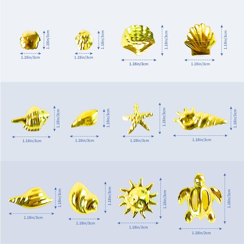 2 Disc Ocean Nail Charms - 12 Styles Silver & Gold - Beach Starfish, Sea Seashell - 3D Nail Gems Jewelry for DIY Nail Art