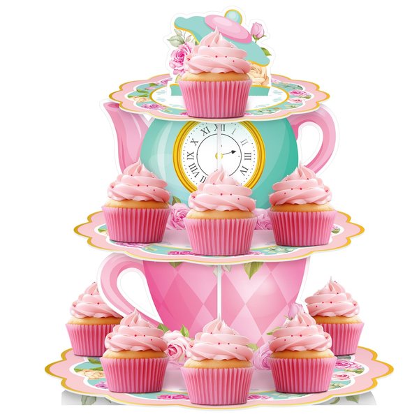 3 Tier Floral Tea Cupcake Stand Centerpieces Birthday Party Supplies Talking Dessert Tower for Flower Baby Shower Princess Cake Table Decoration Party Cupcake Holder for Kids Party Favor