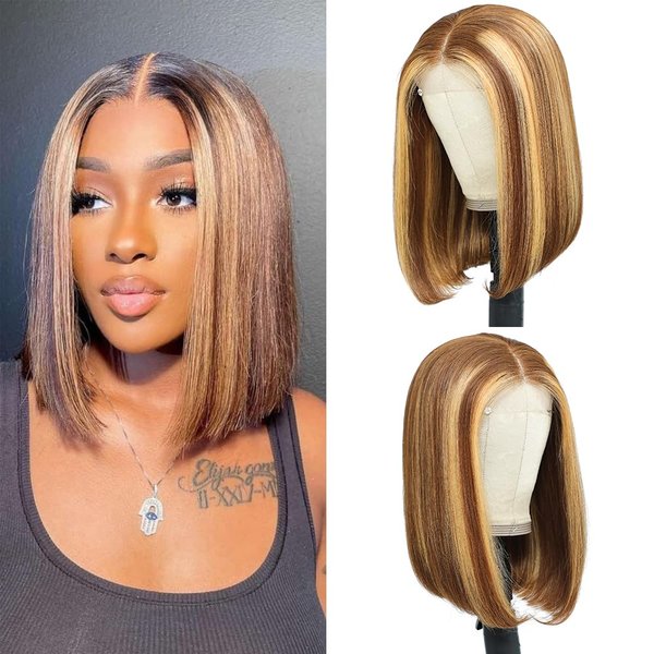 MUPRETTY Highlight Bob Wigs Human Hair 4x4 Lace Closure Wig P4/27 Ombre Brown Honey Blonde Wig Human Hair Keep Silky And Smooth After Multiple Washes 100% indian 18A Raw Hair Wigs(14Inch)
