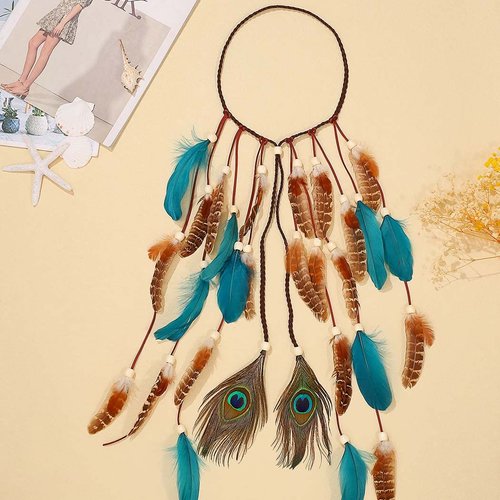GORTIN Boho Feather Headband Hippie Headpiece White Gypsy Costume Headband Indian Hair Band Festival Headdress Bohemian Feather Hair Accessory for Women and Girls (D-Blue+Brown)