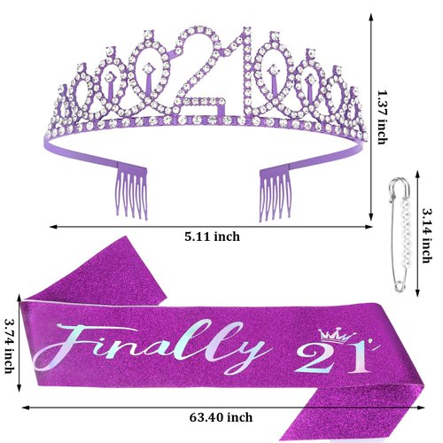 21st Birthday Decorations for Her "Finally 21" Birthday Sash and Rhinestone Crown Tiara Set for Girls 21st Birthday Gifts for Happy 21st Birthday Party Favor Supplies (purple)