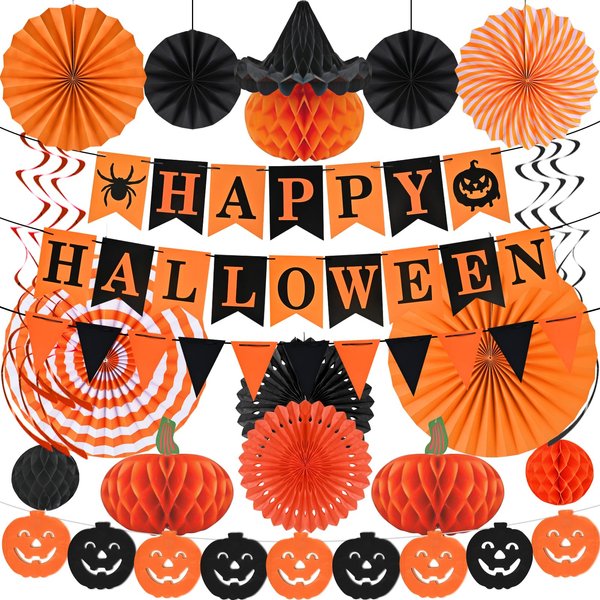 AhfuLife Halloween Party Decorations Supplies Set, Reusable Halloween Decoration Kit Indoor - Happy Halloween Sign Banner for Home, Halloween Pennant Banner, Hanging Paper Tissue Fan