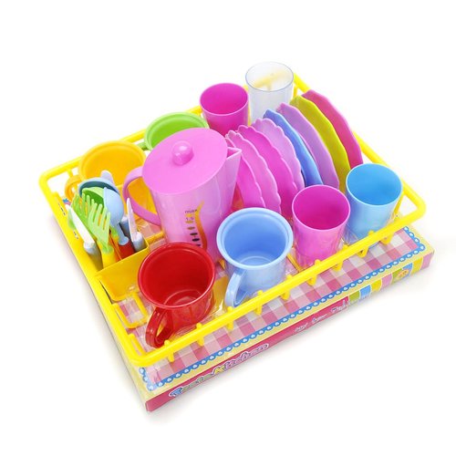 Pretend Play Dishes and Tea Playset - 27 Piece Kids Serving Dishes, Washable Lightweight and Durable Plastic Material, Includes Most Commonly Used Kitchen Dishes, Great Teapot Gift for Children