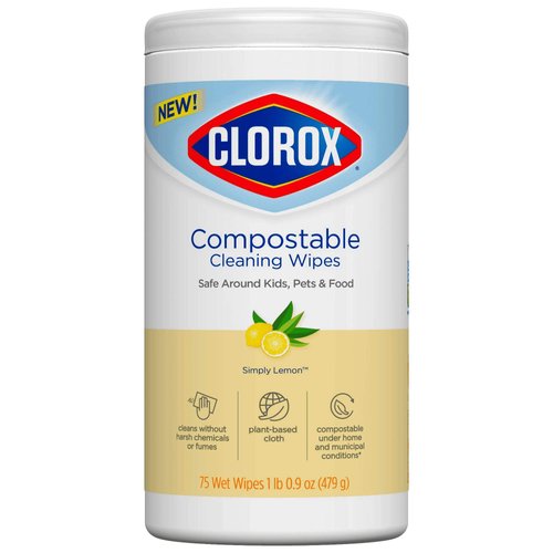 Clorox Free & Clear Compostable Cleaning Wipes, Light Lemon Scent, 75 Count (Package May Vary)