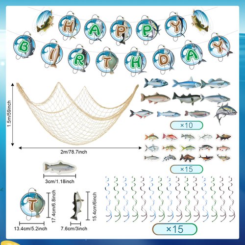 Outus Gone Fishing Party Decorations Include Hanging Swirl Happy Birthday Banner Fish Shaped Cardboard Fish Net, Fishing Birthday Decorations for Gone Fishing Theme Birthday Party Supplies