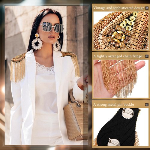 4 Pieces Metal Tassel Link Chain Epaulet Beaded Crystal Shoulder Boards Badge Punk Rivet Shoulder Jewelry Epaulettes Shoulder with Pins for Men and Women Uniform Accessories (Gold)