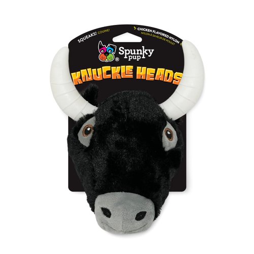 Spunky pup Knucklehead Durable Dog Toy - 2-in-1 Plush & Chew Toy for Aggressive Chewers, Chicken-Flavored Dental Chew, Durable Double-Stitched Squeaker- Bull
