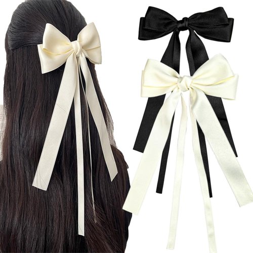 SALOCY Hair Ribbon Bows with Long Tail,Bows Hair Clips for Women Girls, Big Ribbon Bows Satin Hair Clip for Hair Design (Black+Beige)