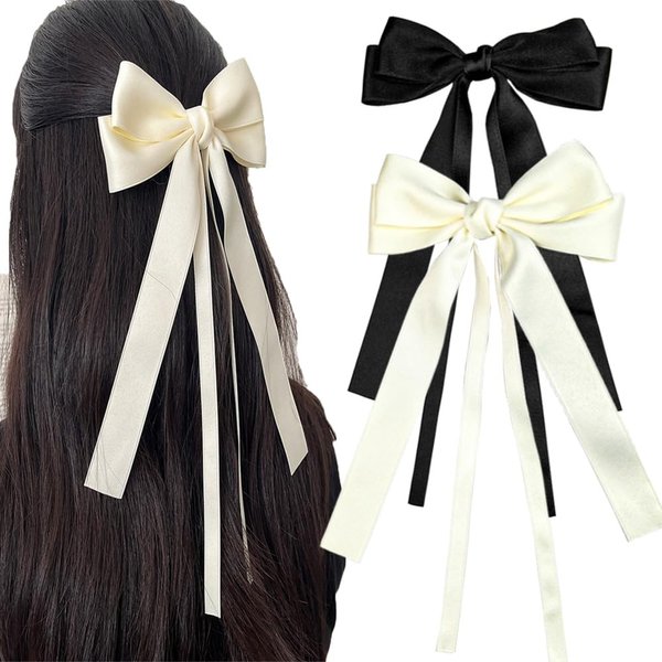 SALOCY Hair Ribbon Bows with Long Tail,Bows Hair Clips for Women Girls, Big Ribbon Bows Satin Hair Clip for Hair Design (Black+Beige)