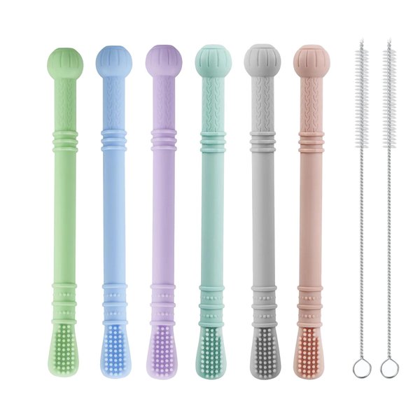 PandaEar Baby Teether Tubes| 6 Pack Soft Silicone Chew Straw Teething Toy for Infant Toddlers, Dishwasher Safe