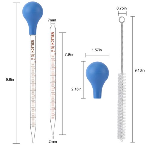 MRXBN 10ml Glass Pipettes Dropper, Lab Graduated Dropper for Liquid Essential Oil, Glass Transfer Pipette with Rubber Bulb and Cleaning Brush (3 pieces)