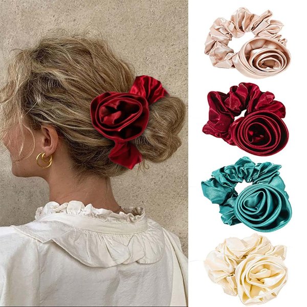 Aceorna Rose Hair Scrunchies Elastic Flower Hair Ties Stretch Floral Ponytail Holder Boho Hair Accessories for Women 4 Pcs