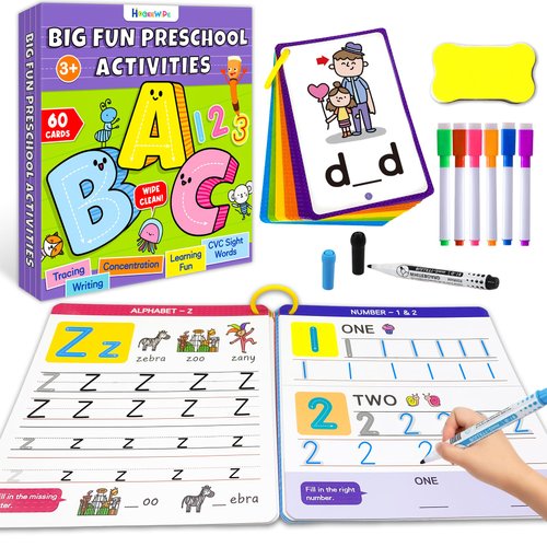 HOQEEWIPE Preschool Learning Activities Letter Number Handwriting Practice Book for Kids CVC Word Writing & Spelling Card, Kindergarten Educational Learning Toys Girl Boy Ages 3 4 5 6 Year Old