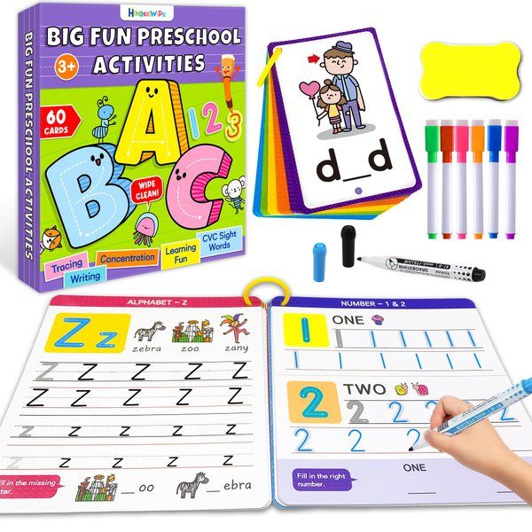 HOQEEWIPE Preschool Learning Activities Letter Number Handwriting Practice Book for Kids CVC Word Writing & Spelling Card, Kindergarten Educational Learning Toys Girl Boy Ages 3 4 5 6 Year Old