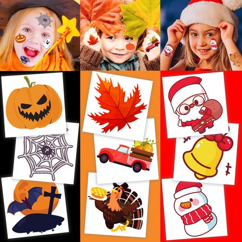 winthrop 360 Pcs Holiday Temporary Tattoos for Kids, Halloween&Thanksgiving&Christmas Individually Wrapped Waterproof Safety Tattoos, Best Choice for Trick or Treat and Fall Winter Gifts, 120 Designs