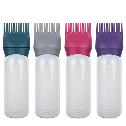 ELANE 4 Pack Root Comb Applicator Bottle,Hair Oiling applicator,Oil Comb Applicator,Hair Bottle Applicator for Hair Dye Shampoos Hair Salons. (Purple+Grey+Red+Green)
