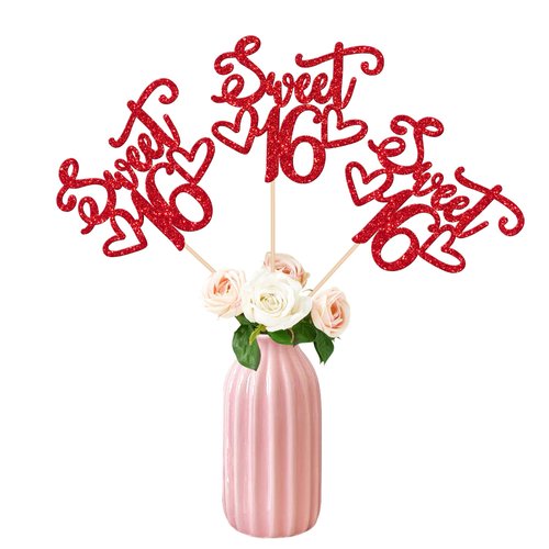 12 PCS Sweet 16 Centerpiece Sticks Double Sided Glitter Happy 16th Birthday Cake Toppers Number 16 Centerpieces for Tables Flower Topper Decorations 16th Birthday Party Centerpiece Supplies Red