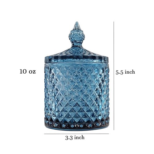 Sizikato Diamond Faceted Crystal Glass Candy Jar with Lid, Blue Decorative Jar, Jewelry Box, Cotton Swab Storage Holder.