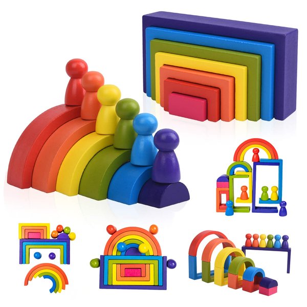 BOZE SUPOD Wooden Toys, Montessori Toys for Kids 3 4 5 6+Years Old Boys Girls Rainbow Stacking Blocks Set Preschool Activites Educational Toy Gifts for Toddler-19PCS