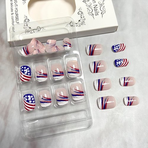 Vopintpy 4th of July Press on Nails Independence Day Fake Nails with French Tip Design Glossy Acrylic Glue on Nails Short Square Stick on Nails for Women DIY American Patriotic Manicure